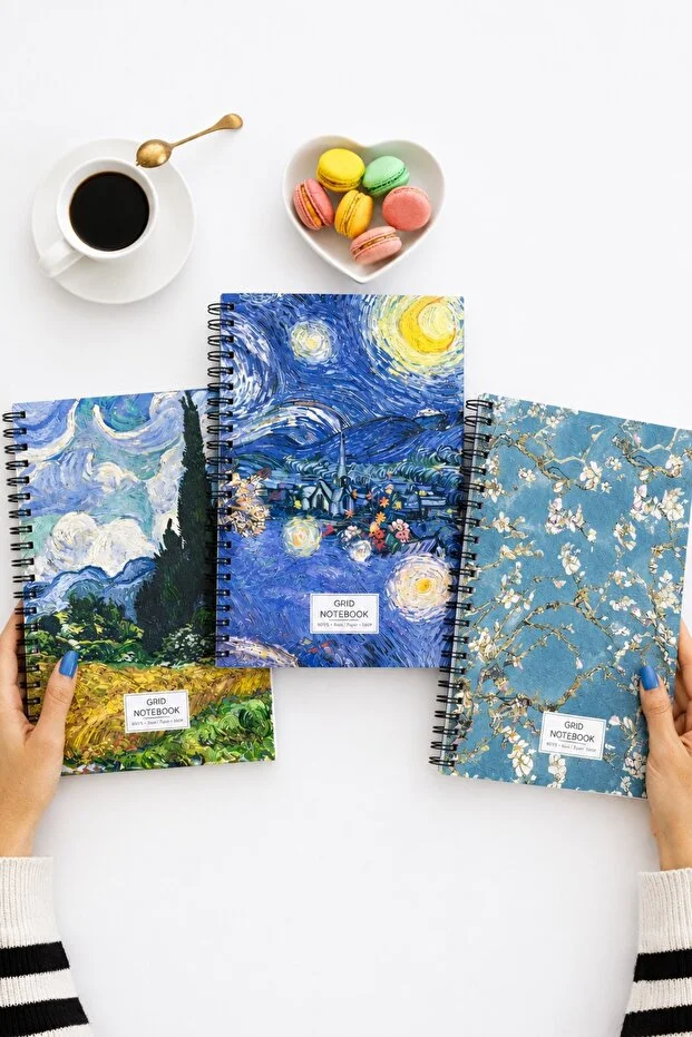 Kareli Defter Seti 3'lü A5 Spiralli Okul Defteri Öğrenci Not Defteri Van Gogh Defter